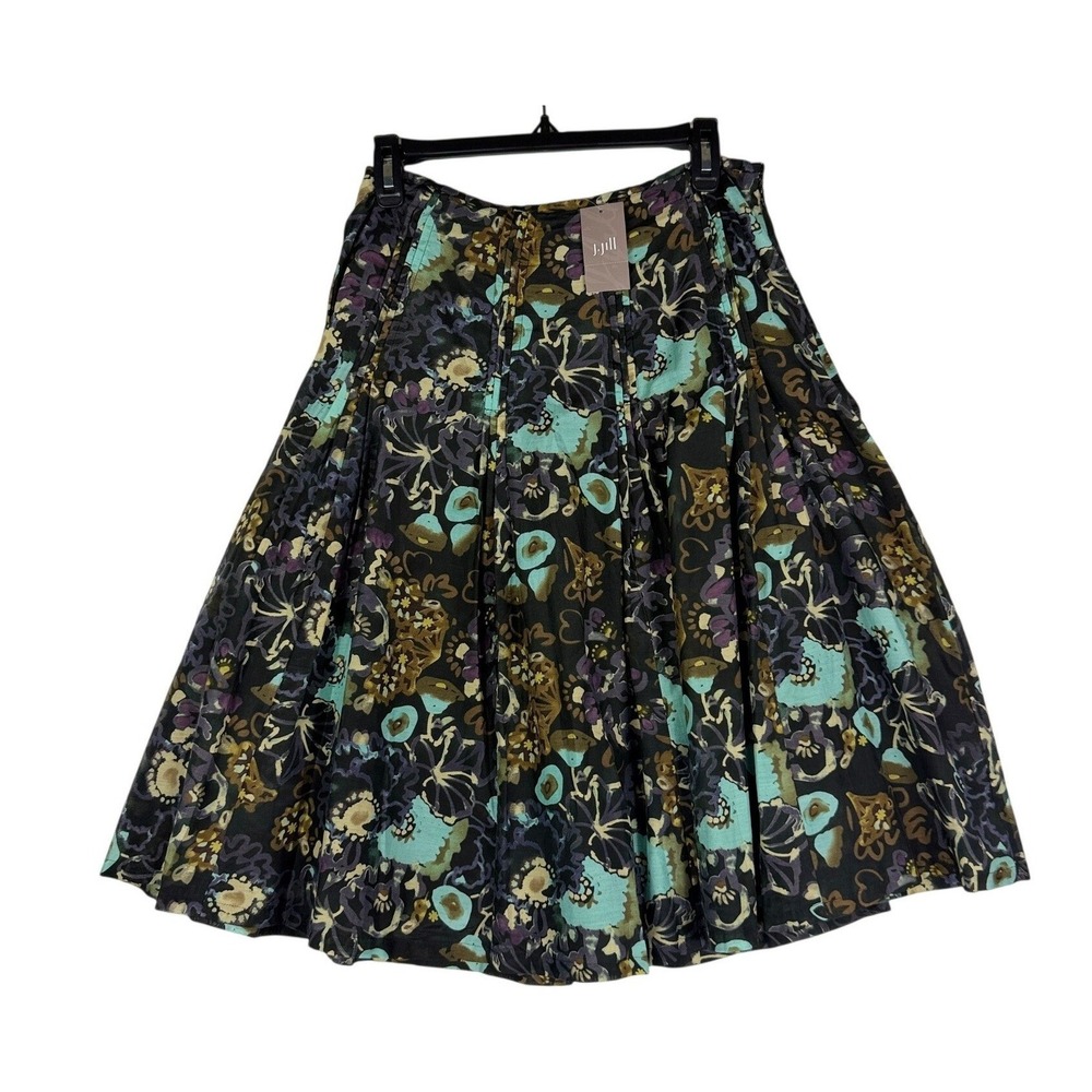 J.Jill Indigo Floral Cotton Silk Pleated A-Line Skirt 6T Tall 700395 09 NWT